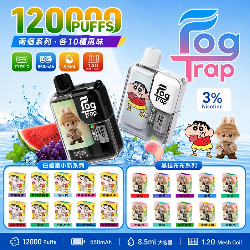 一次性電子煙 Fog Trap 12000口｜LCD油電顯示｜雙檔功率調節｜口味清單